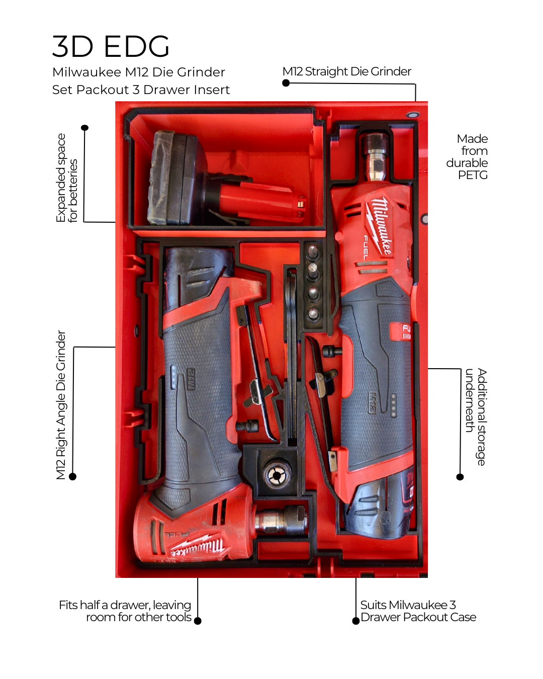Milwaukee M12 FUEL Die Grinder set Insert for 3 Draw Packout - Organizer