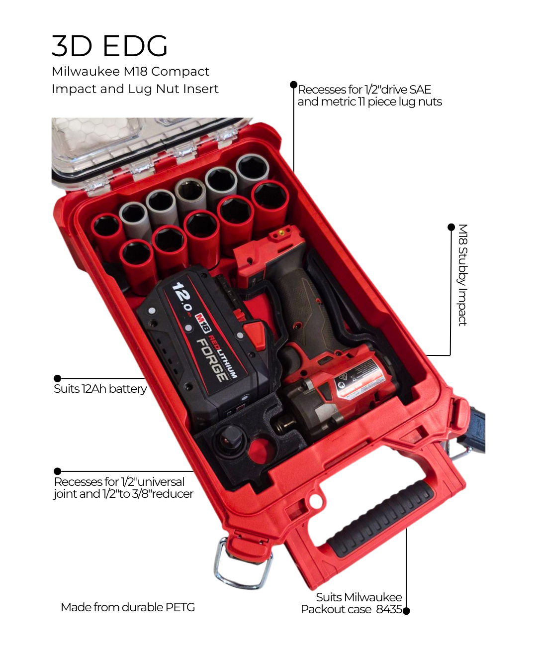 M18 Stubby Impact + 11 or 9 pce Lug nut socket Packout Insert Organizer